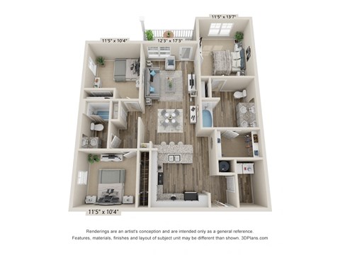 Floor plan for 3 beds, 2 baths, 1304 sqft